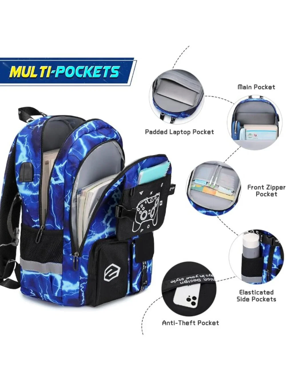 Luminous Boys Backpack Set with Lunch Bag & Pencil Case, USB Charging, School